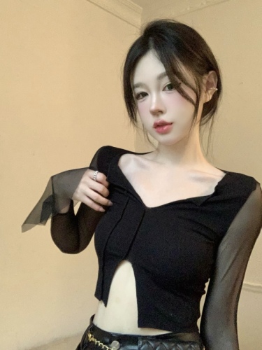 ~Mesh long-sleeved patchwork slim top V-neck short versatile bottoming T-shirt for women