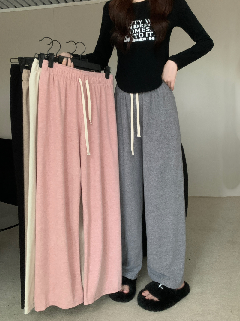 Elastic waist drawstring glutinous rice loose straight pants wide leg soft waxy versatile trousers for women