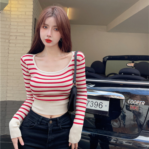 Long-sleeved sweater 2023 autumn new style striped slim fit tight short bottoming shirt with inner top for women