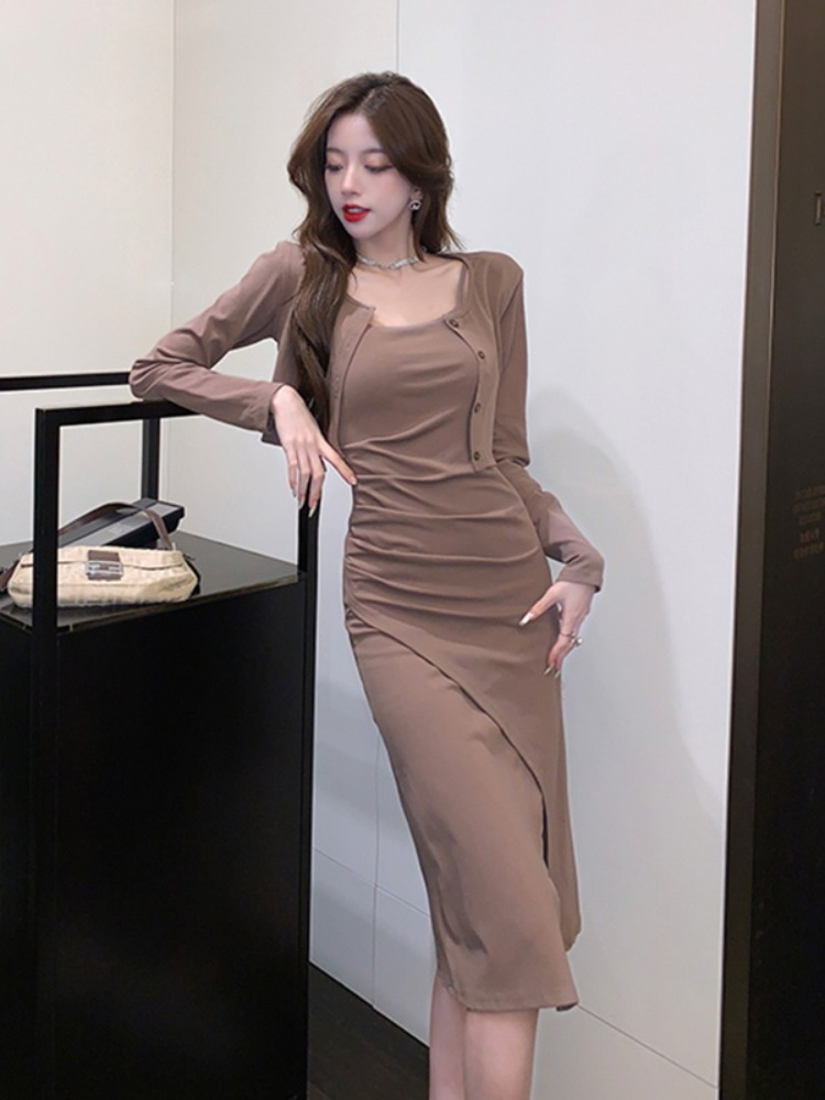 Temperament solid color petite slim long-sleeved cardigan top suspender slit dress internet celebrity pure lust style suit for women