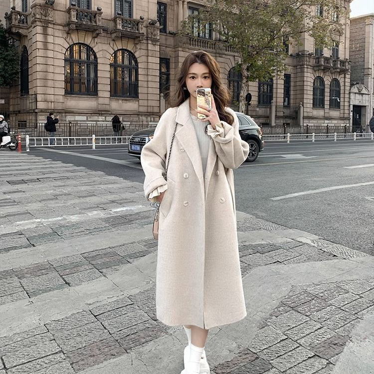 羊毛呢大衣2023年秋冬新款韓版寬鬆中長款系帶毛呢開衫外套女