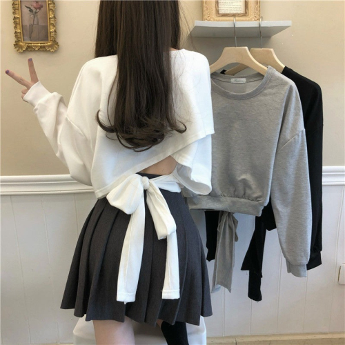 2023 new autumn Korean style loose short style discreet hollow backless strap thin long-sleeved sweatshirt women's top