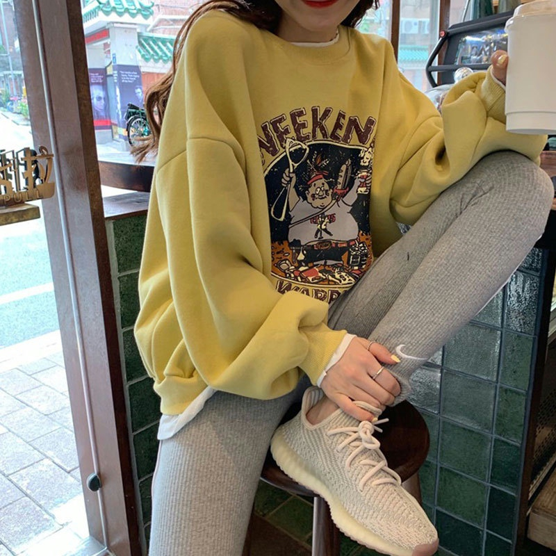Fashion super hot plus velvet fake two-piece sweatshirt for women autumn and winter new women's loose Korean style cartoon print student top
