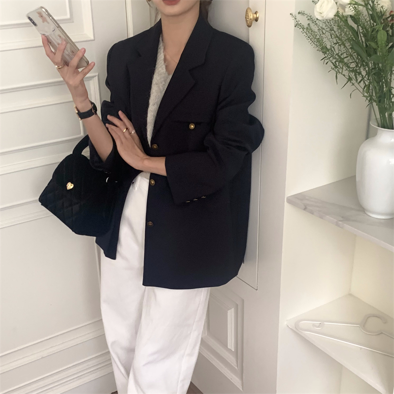 Korean ins style simple loose navy blue high-end wide suit jacket