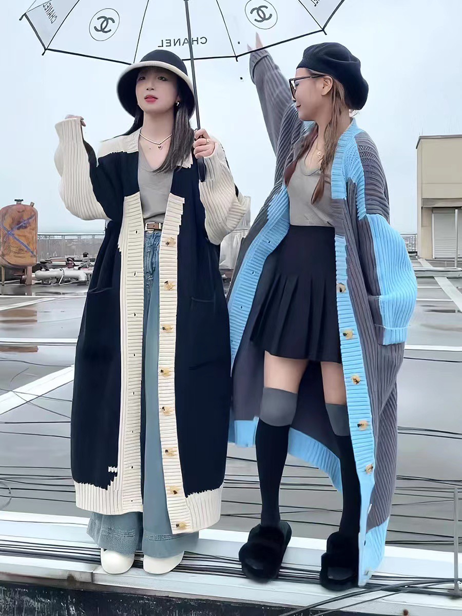 Lazy style, niche color matching design, long knee-length wool knitted cardigan, elegant lady style, Korean style casual wear