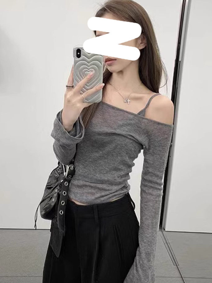 One-shoulder off-shoulder long-sleeved tops for women, spring and autumn slim-fitting bottoming shirts, short two-piece set, trendy