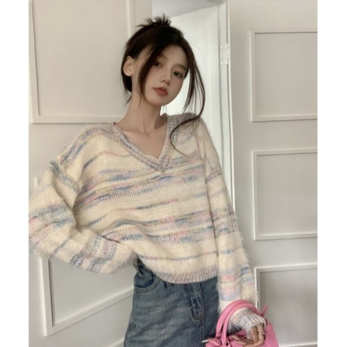 Colorful striped mohair sweater for women in autumn and winter thickened gentle lazy style loose short v-neck sweater top