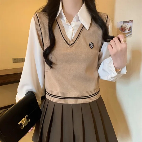 秋季學院風小眾襯衣女polo領馬甲假兩件長袖襯衫法式獨特别致上衣