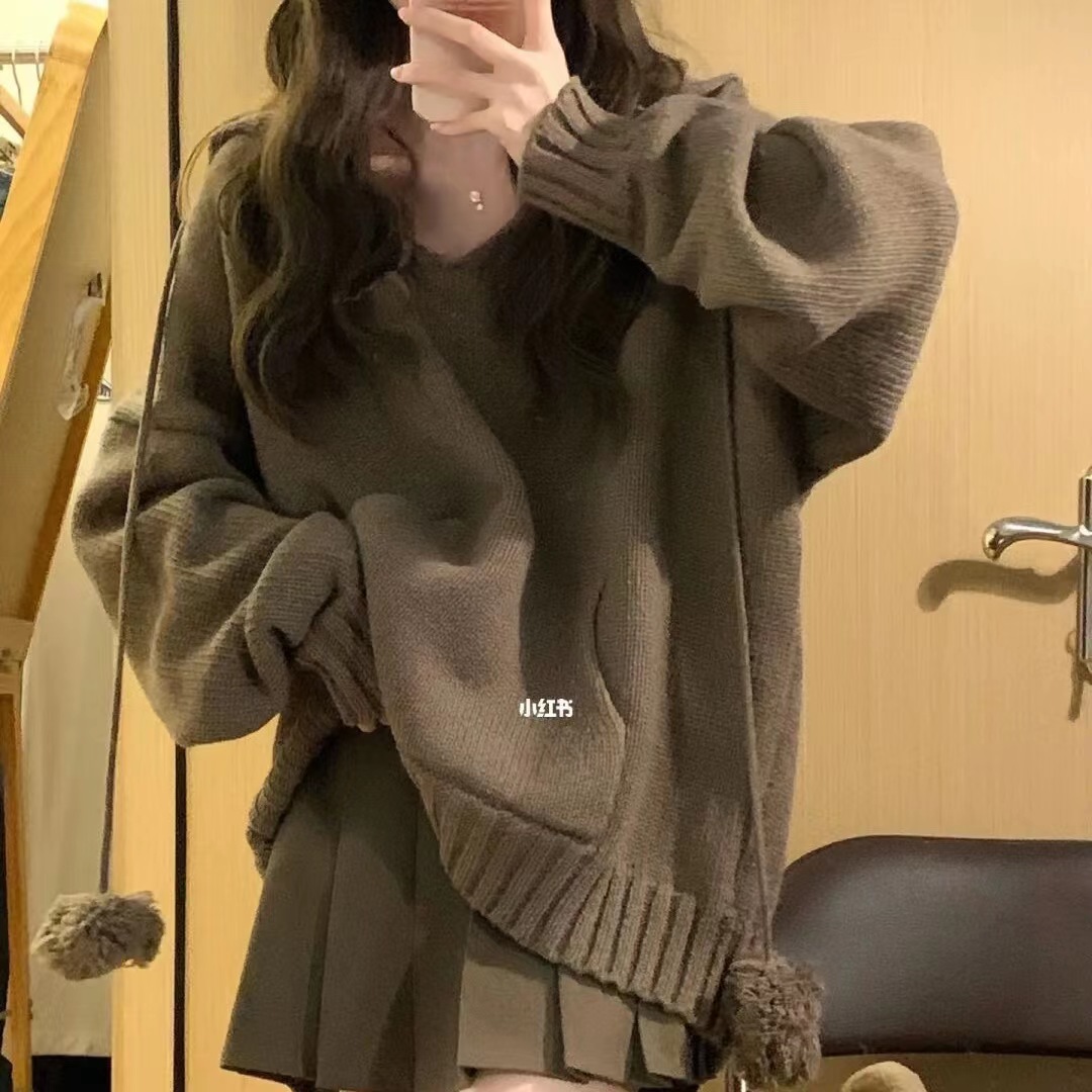 Hooded sweater for women autumn and winter 2023 new women's loose outer wear Japanese style lazy style retro knitted top