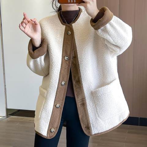 New 2023 sherpa cardigan big pocket jacket top autumn and winter socialite retro high-end thickened baseball uniform