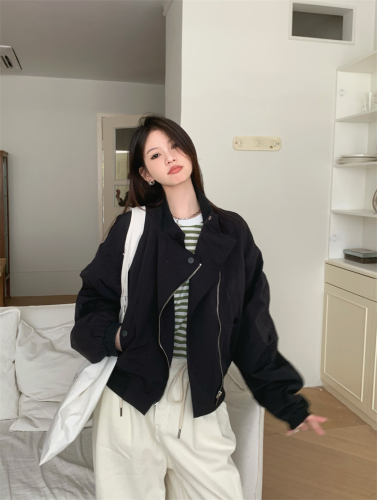 Stand-up collar, diagonal zipper, stacked sleeves, short jacket, windbreaker, casual jacket