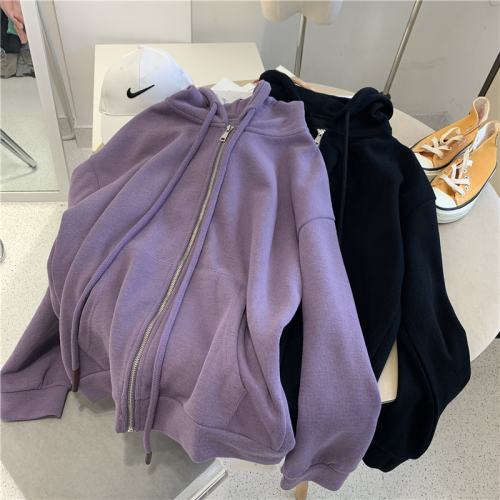 Fashionable super hot rice wool sweatshirt for women, trendy autumn and winter new Korean style cardigan, casual thin hooded zipper jacket, trendy