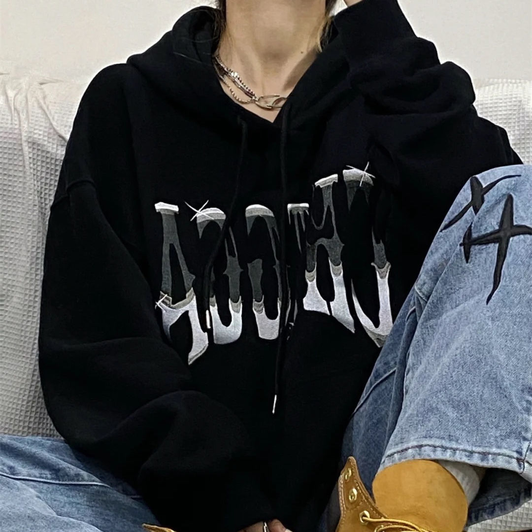 Fashionable super hot plus velvet American letter print hooded sweatshirt for women autumn and winter Korean style loose pullover jacket trendy top