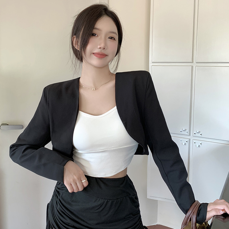 Retro short top blazer spring and autumn new design versatile waistcoat black cardigan for women