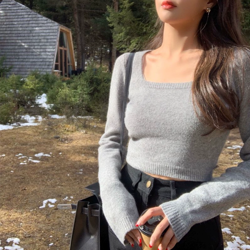 Korean chic early autumn new style niche temperament square collar slim fit navel-baring short sweater long-sleeved sweater for women