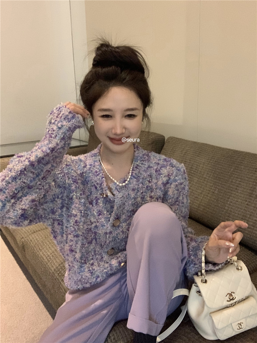 Purple cardigan sweater dopamine lazy little fragrant style knitted jacket straight-leg suit pants suit