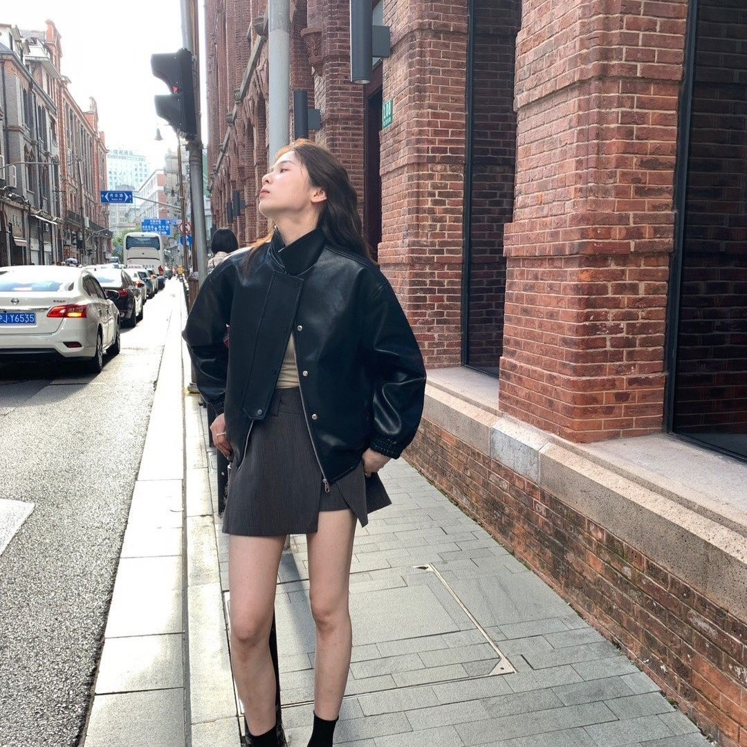 Retro two-color leather jacket, leather jacket, autumn motorcycle wear, niche Hong Kong style