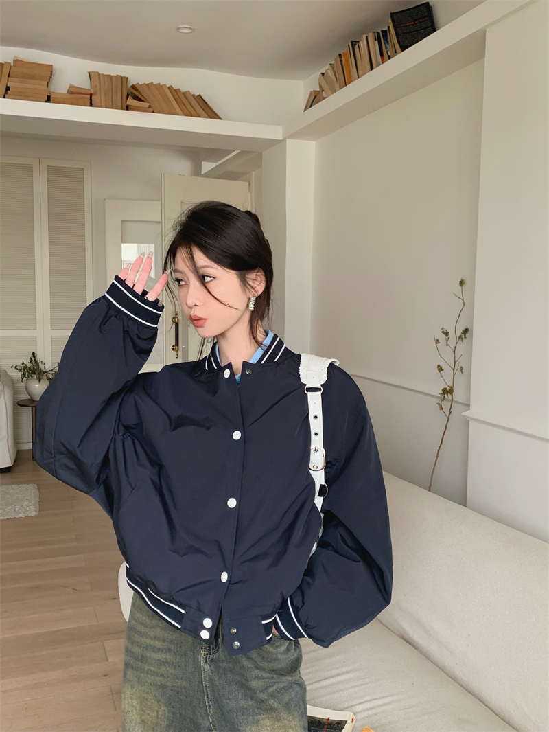 Autumn versatile college style navy blue baseball jacket women's stand collar jacket