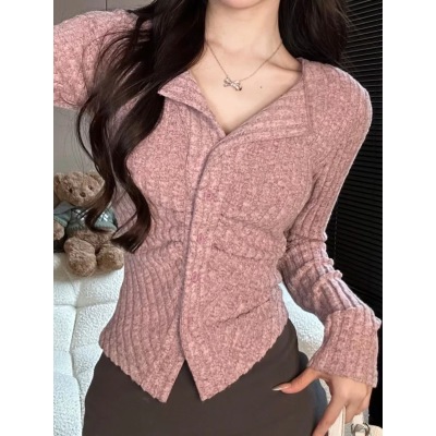 Wuwu customized early autumn new style pure lust lapel long-sleeved knitted cardigan slim fit top for women