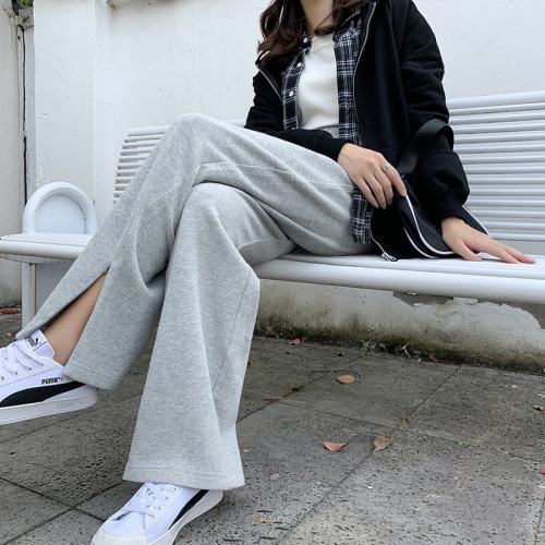 Gray wide-leg pants for women 2023 new spring and autumn Korean version loose slit casual straight leg mopping pants casual trousers