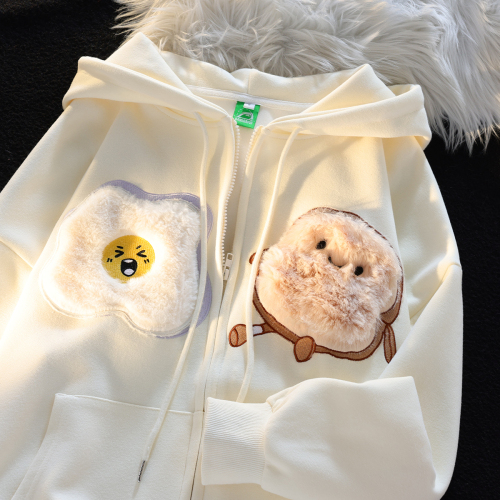 310 grams Chinese cotton compound milk silk + double hooded back collar + flocking embroidery three-dimensional cartoon hooded sweatshirt for women in autumn