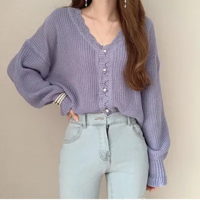 Korean sweet style retro V-neck pearl button loose puff ruffle sleeves knitted cardigan autumn and winter sweater for women