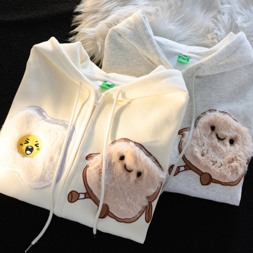 310 grams Chinese cotton compound milk silk + double hooded back collar + flocking embroidery three-dimensional cartoon hooded sweatshirt for women in autumn