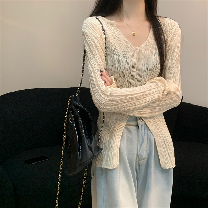 Autumn Korean style slim V-neck slit long-sleeved sweater women's top