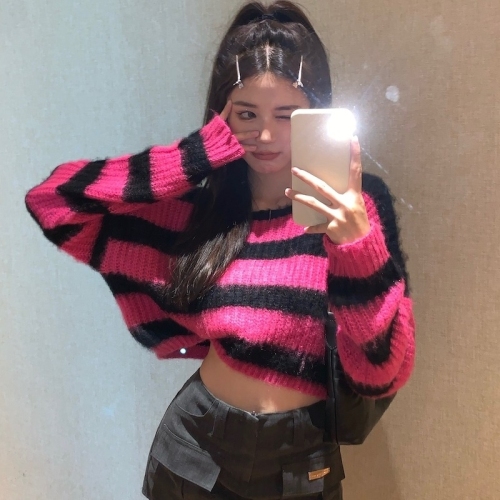 Lazy style pink striped sweater for women autumn and winter loose splicing design pullover long-sleeved sweater top trendy