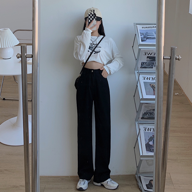 Black wide-leg high-quality high-waisted loose wide-leg pants nine-point & trousers & lengthened