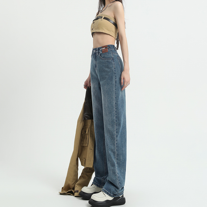High street retro wide-leg jeans for women 2023 autumn and winter new high-waisted loose straight-leg slimming crotch-covering floor-length trousers