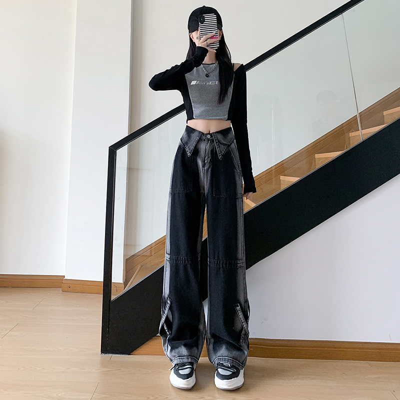 Black and gray gradient cuffed denim wide-leg pants for women 2023 new slim and drapey straight-leg floor-length jeans
