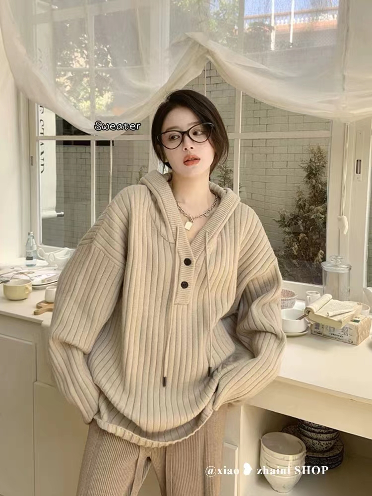 Korean style autumn and winter half-breasted hooded sweater for women, lazy style, small, medium and long casual sweater