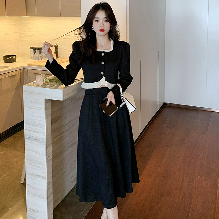 Ruffled long-sleeved top + skirt for women autumn new fashion large size slimming two-piece set