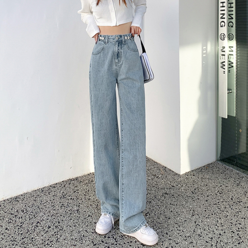 Commuting high-waisted wide-leg jeans for women autumn and winter 2023 new small slimming loose straight-leg floor-length jeans
