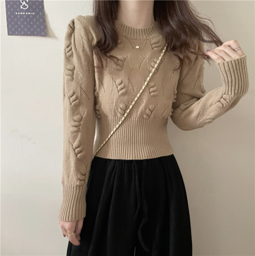 ~Autumn and winter Korean style hollow knitted puff sleeves retro waisted temperament slimming knitted sweater