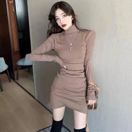  new fashionable half-high collar pleated hip-covering slim slim long-sleeved bottoming skirt for women winter all-match dress