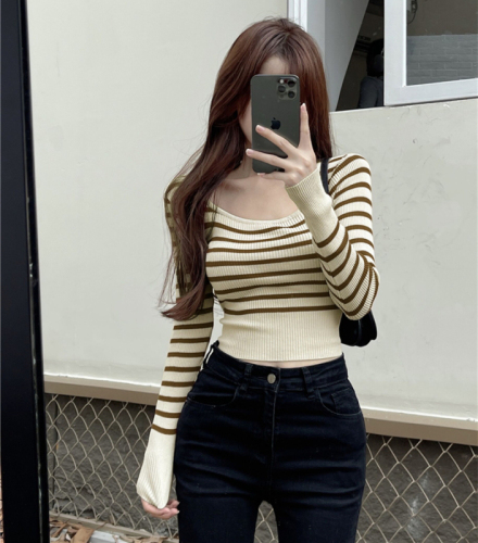 Long-sleeved sweater 2023 autumn new style striped slim fit tight short bottoming shirt with inner top for women