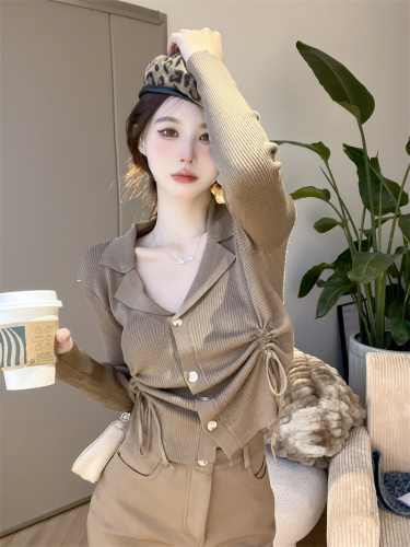 Pure Desire Drawstring Pleated Long Sleeve Knitted Sweater Women's 2023 Autumn Design Niche Slim Slim Western Style Top