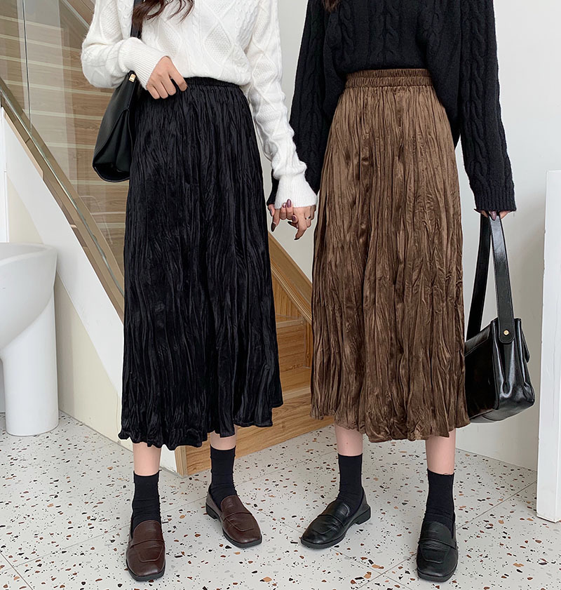 ~2023 new high-waisted slimming mid-length velvet pleated skirt a-line skirt versatile skirt for women