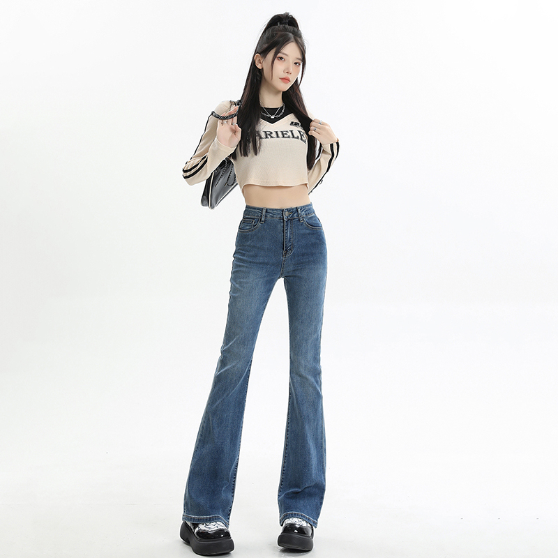 ~薄絨高腰顯瘦長褲黑色牛仔褲女23年新款彈力修身微喇叭加絨
