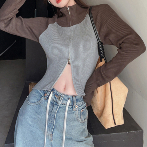 Contrast color raglan sleeves double zipper knitted cardigan for women autumn and winter hot girl design slim short turtleneck sweater