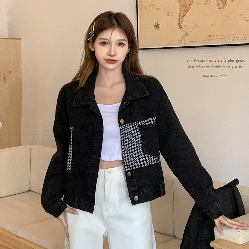 ~2023 Autumn Black Spliced ​​Denim Jacket Women’s Short Casual Loose Jacket Top Versatile