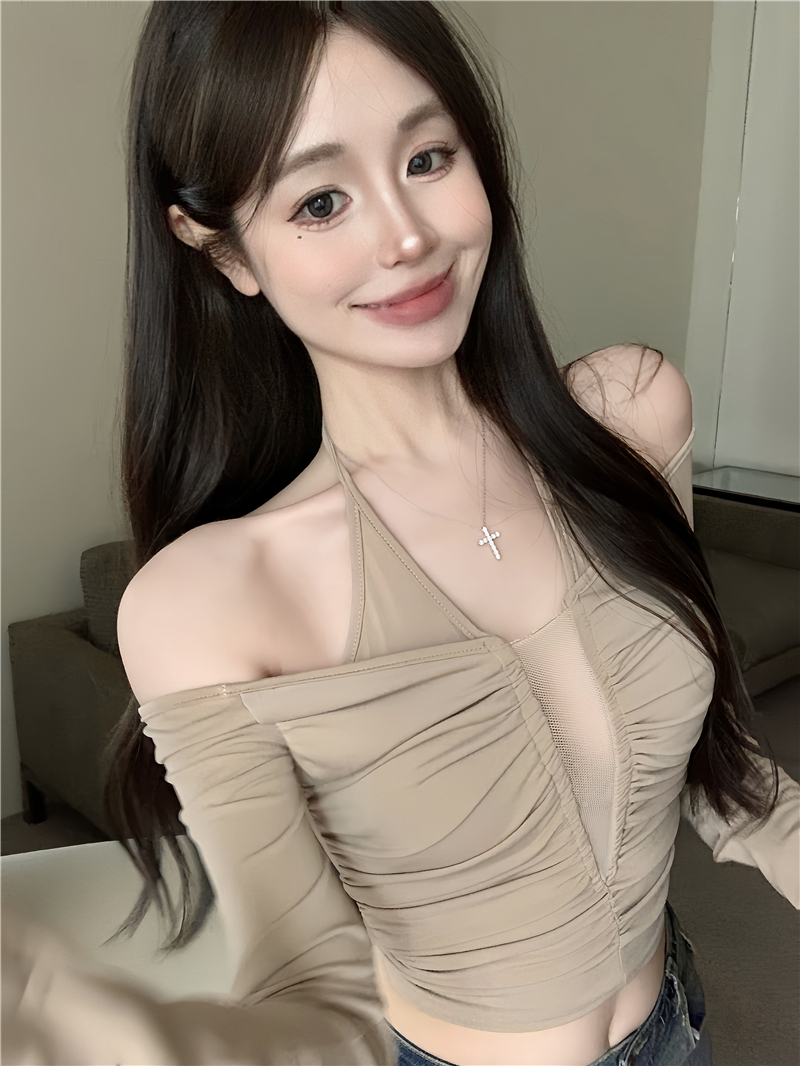 ~Tea Art Desire/Autumn long-sleeved knitted top, feminine and versatile off-shoulder halter neck bottoming shirt