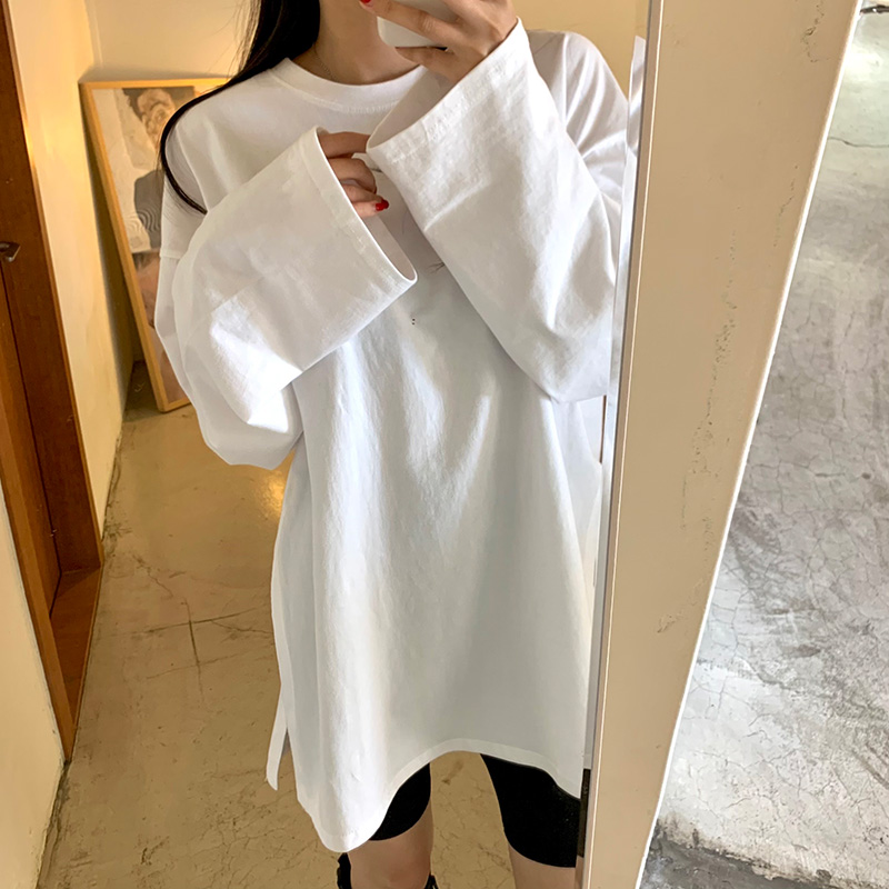 Original Internet celebrity fashion mid-length design double-sided slit white bottoming T-shirt women's long sleeves