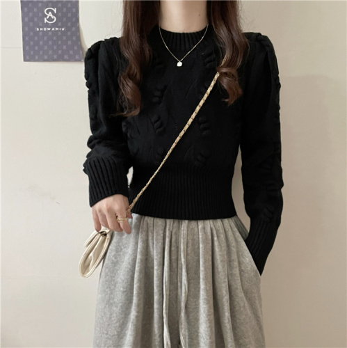 ~Autumn and winter Korean style hollow knitted puff sleeves retro waisted temperament slimming knitted sweater