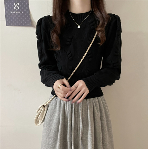 ~Autumn and winter Korean style hollow knitted puff sleeves retro waisted temperament slimming knitted sweater