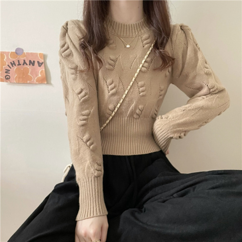 ~Autumn and winter Korean style hollow knitted puff sleeves retro waisted temperament slimming knitted sweater