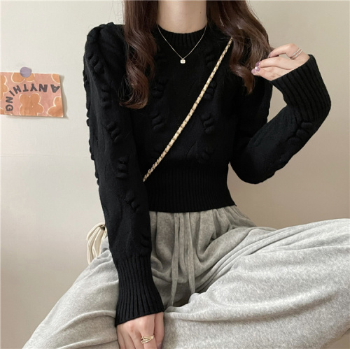 ~Autumn and winter Korean style hollow knitted puff sleeves retro waisted temperament slimming knitted sweater