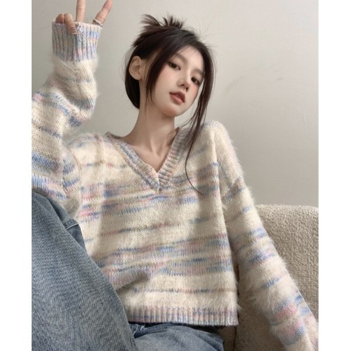 Colorful striped mohair sweater for women in autumn and winter thickened gentle lazy style loose short v-neck sweater top